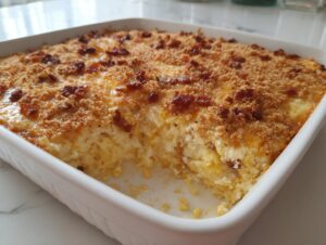 A scoop has been taken out of the amazing popper dip, showing a creamy interior topped with crispy breadcrumbs and bacon.