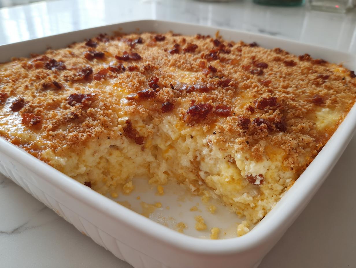 A scoop has been taken out of the amazing popper dip, showing a creamy interior topped with crispy breadcrumbs and bacon.