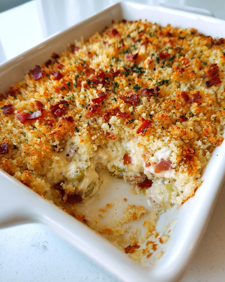 Close-up of a creamy popper dip in a white baking dish, showing a scoop removed and a crispy bacon and breadcrumb topping.