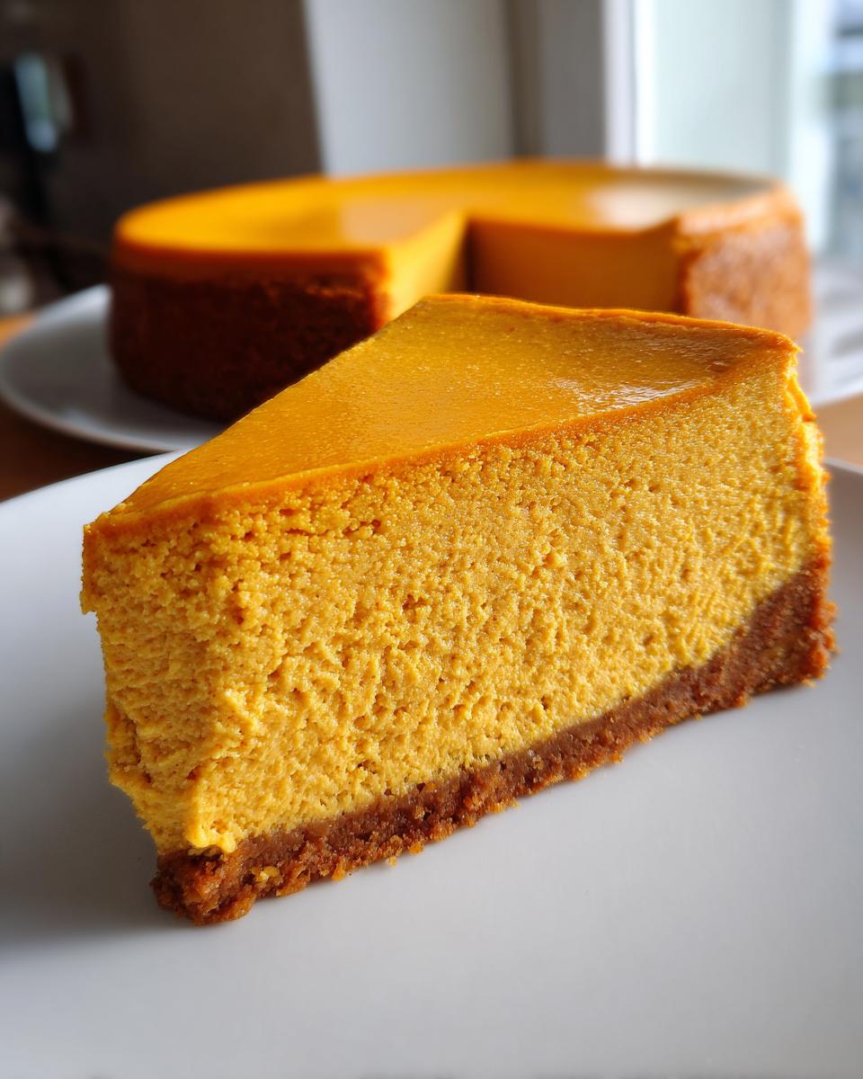 A close-up slice of rich, orange pumpkin cheesecake with a graham cracker crust on a white plate.