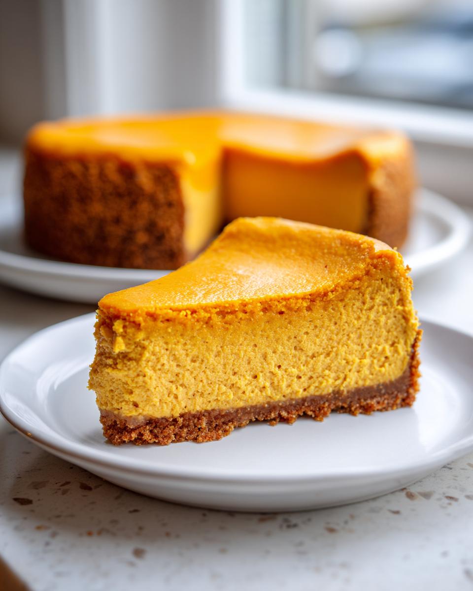 A thick slice of vibrant orange pumpkin cheesecake with a graham cracker crust on a white plate.
