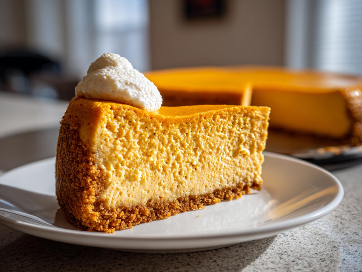 A close-up of a rich, orange slice of pumpkin cheesecake topped with whipped cream on a white plate.