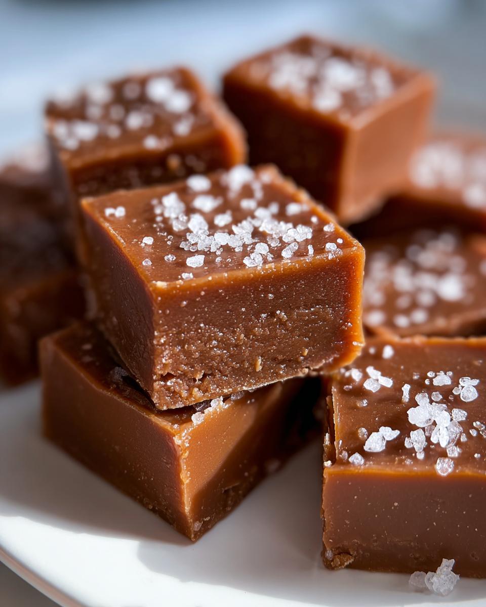 Close-up of rich brown, square pieces of salted caramel fudge topped with flaky sea salt.