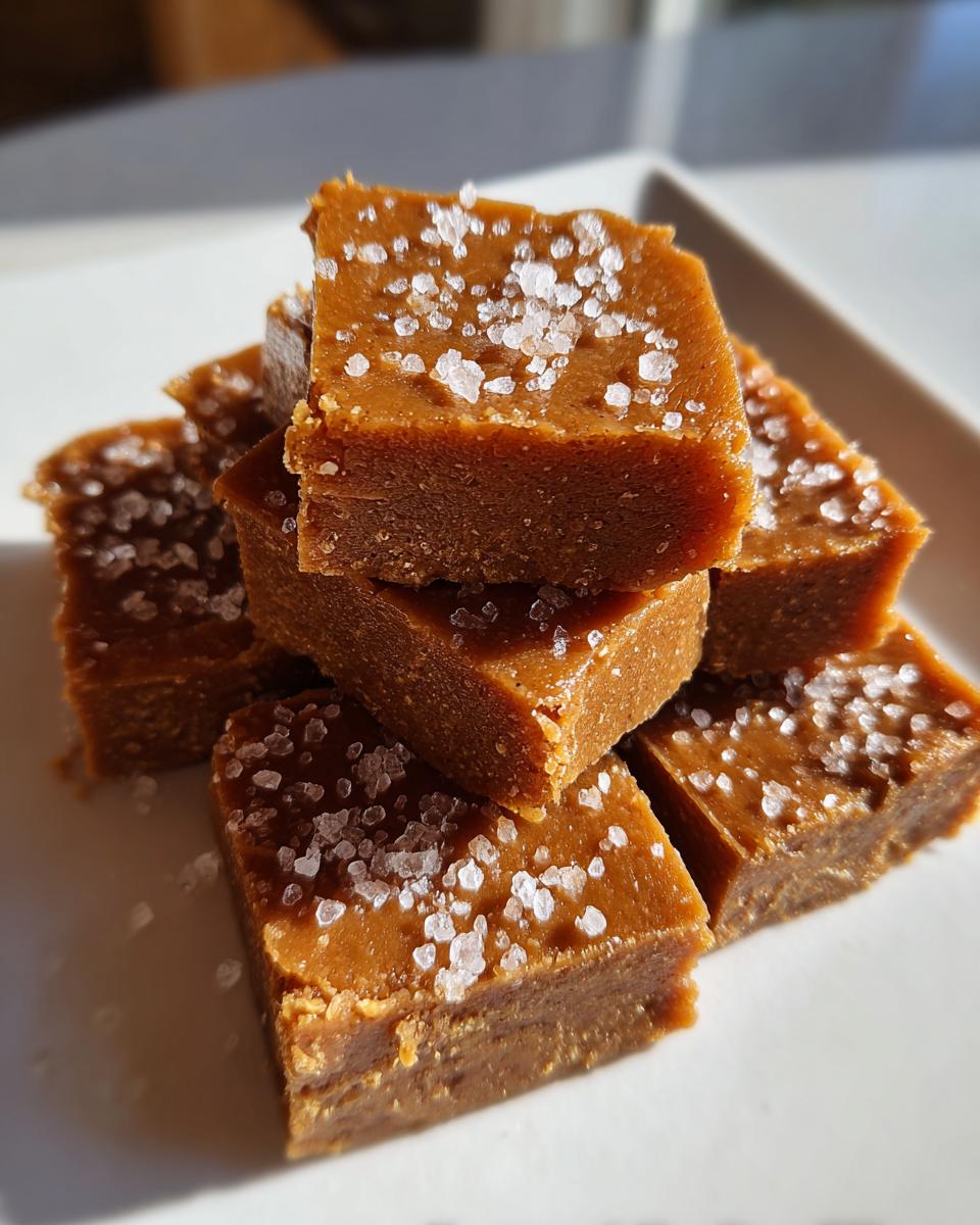 Close-up of stacked, rich brown salted caramel fudge squares topped with flaky sea salt.