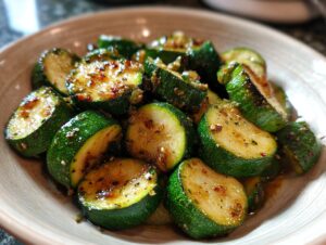 Close-up of perfectly sauteed zucchini slices coated in spices and oil in a light-colored bowl.