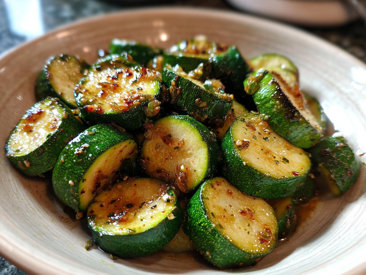 Close-up of perfectly sauteed zucchini slices coated in spices and oil in a light-colored bowl.