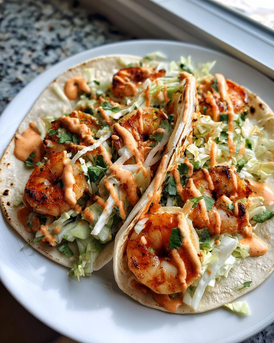 Two delicious shrimp taco halves filled with grilled shrimp, shredded cabbage, and drizzled with spicy orange sauce.