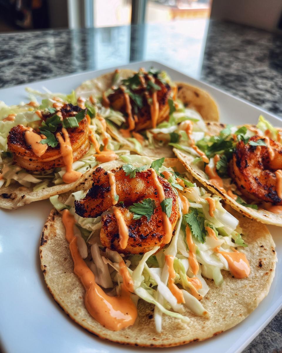 Four delicious shrimp taco servings on a white plate, topped with blackened shrimp, slaw, and orange sauce.