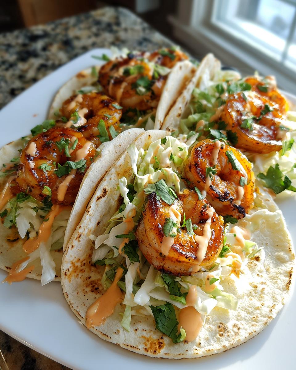 Four delicious shrimp taco shells filled with shredded cabbage, seasoned shrimp, and drizzled with a creamy sauce.