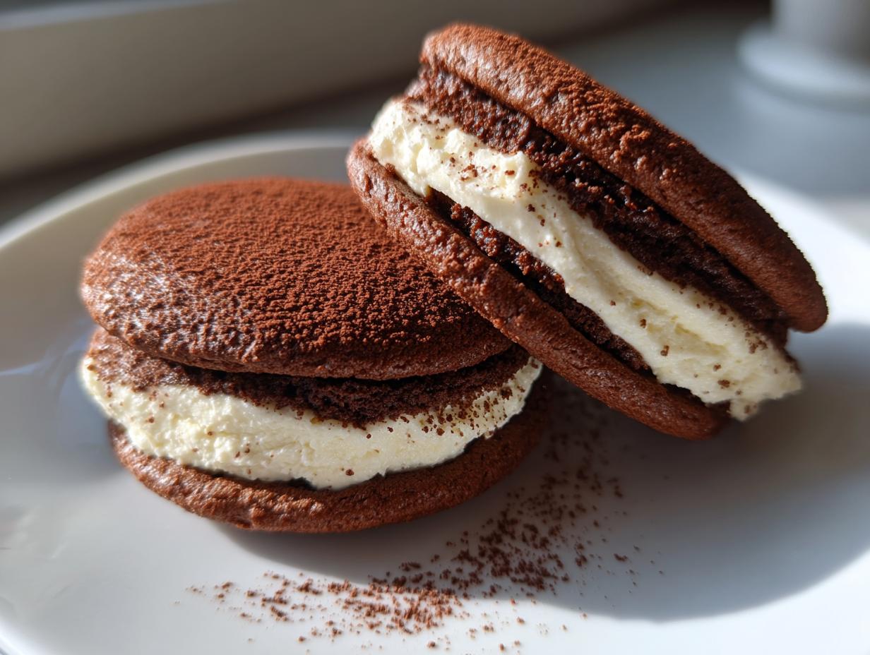 Two decadent tiramisu cookies, featuring dark chocolate shells and creamy filling, dusted with cocoa powder.
