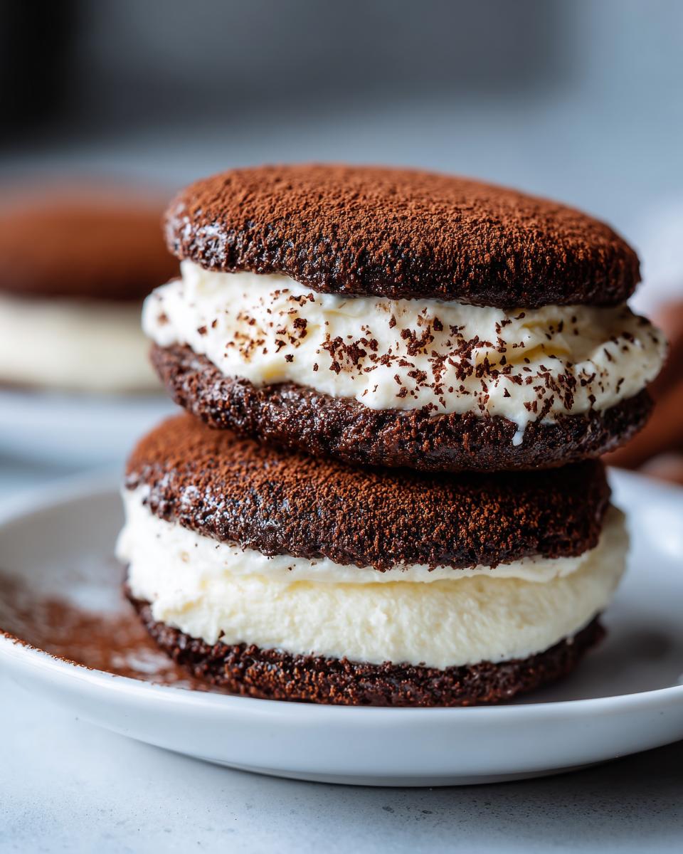 A close-up stack of two rich, dark chocolate tiramisu cookies filled with creamy mascarpone filling and dusted with cocoa.