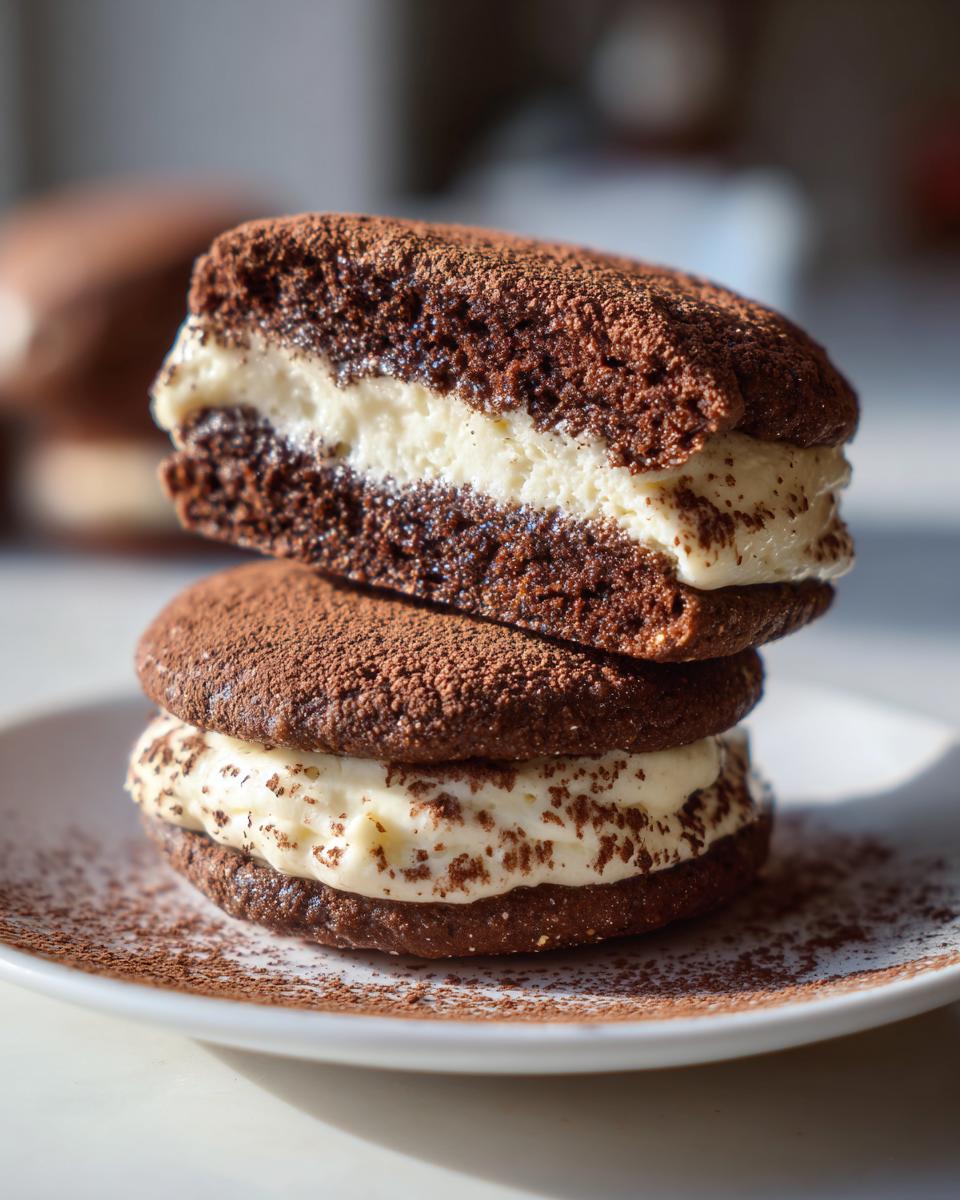 A stack of two rich, dark chocolate tiramisu cookies filled with creamy mascarpone filling and dusted with cocoa powder.