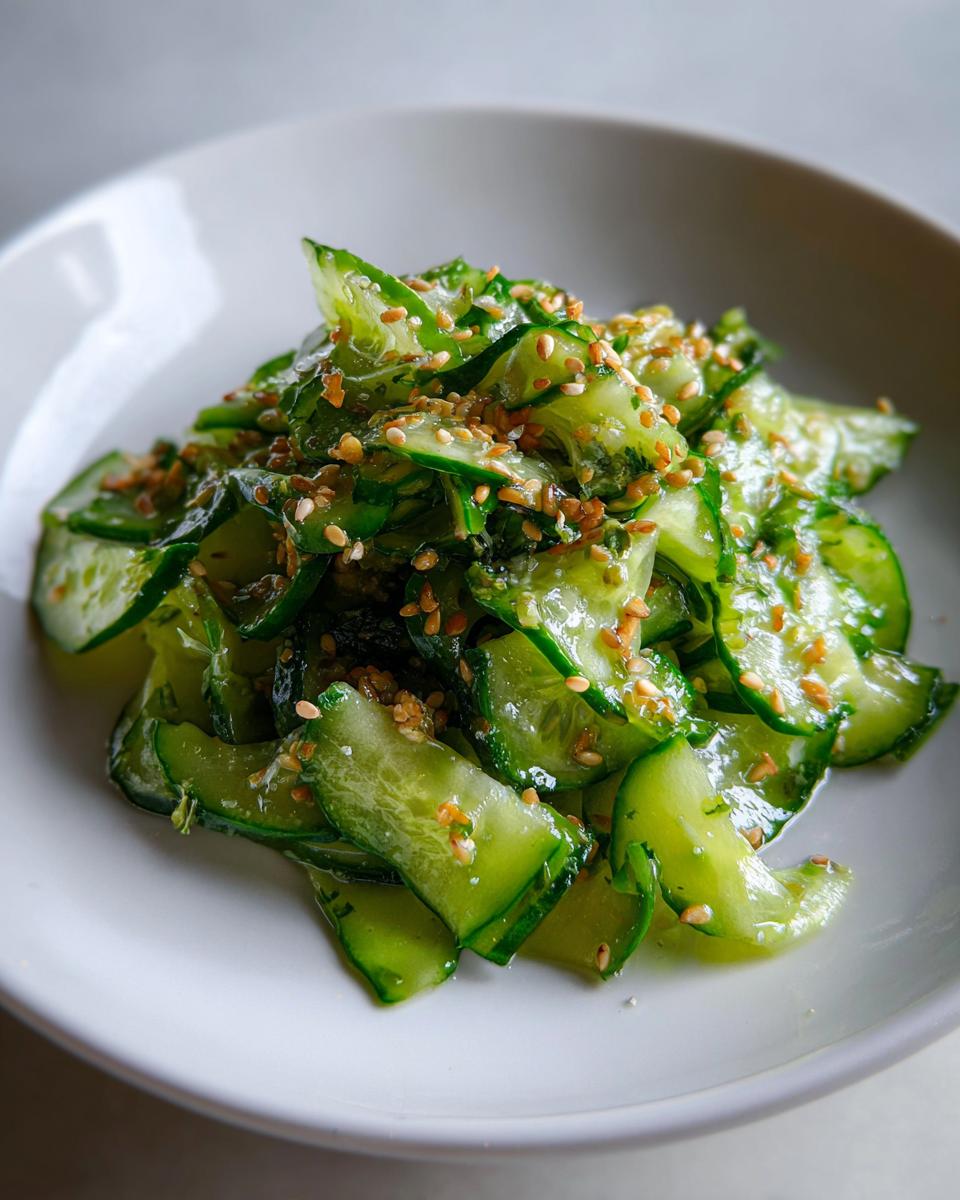 Close-up of thinly sliced, glistening asian cucumber salad topped generously with toasted sesame seeds.