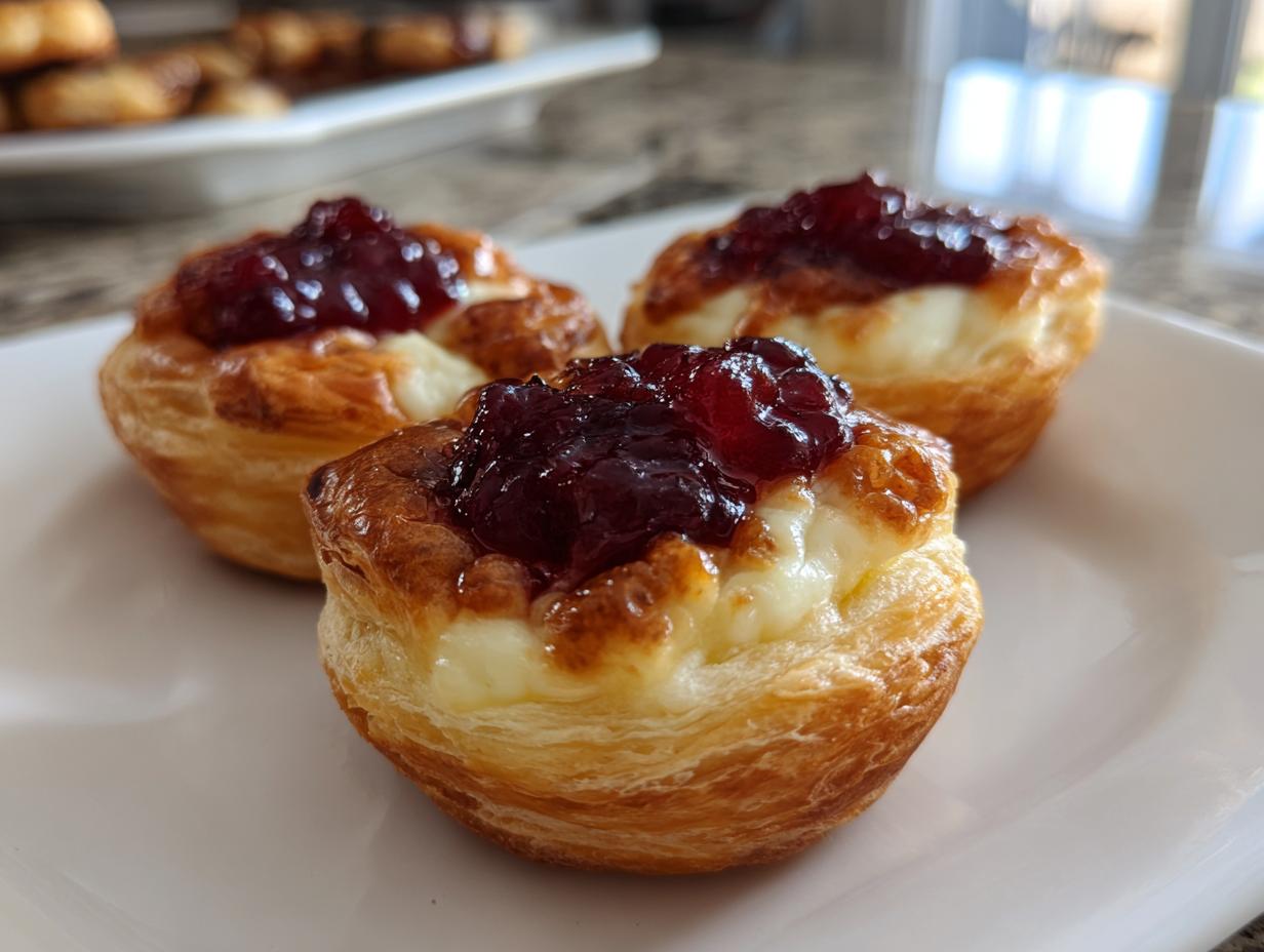 Three golden baked brie bites made with puff pastry, melted brie, and topped with dark red jam.