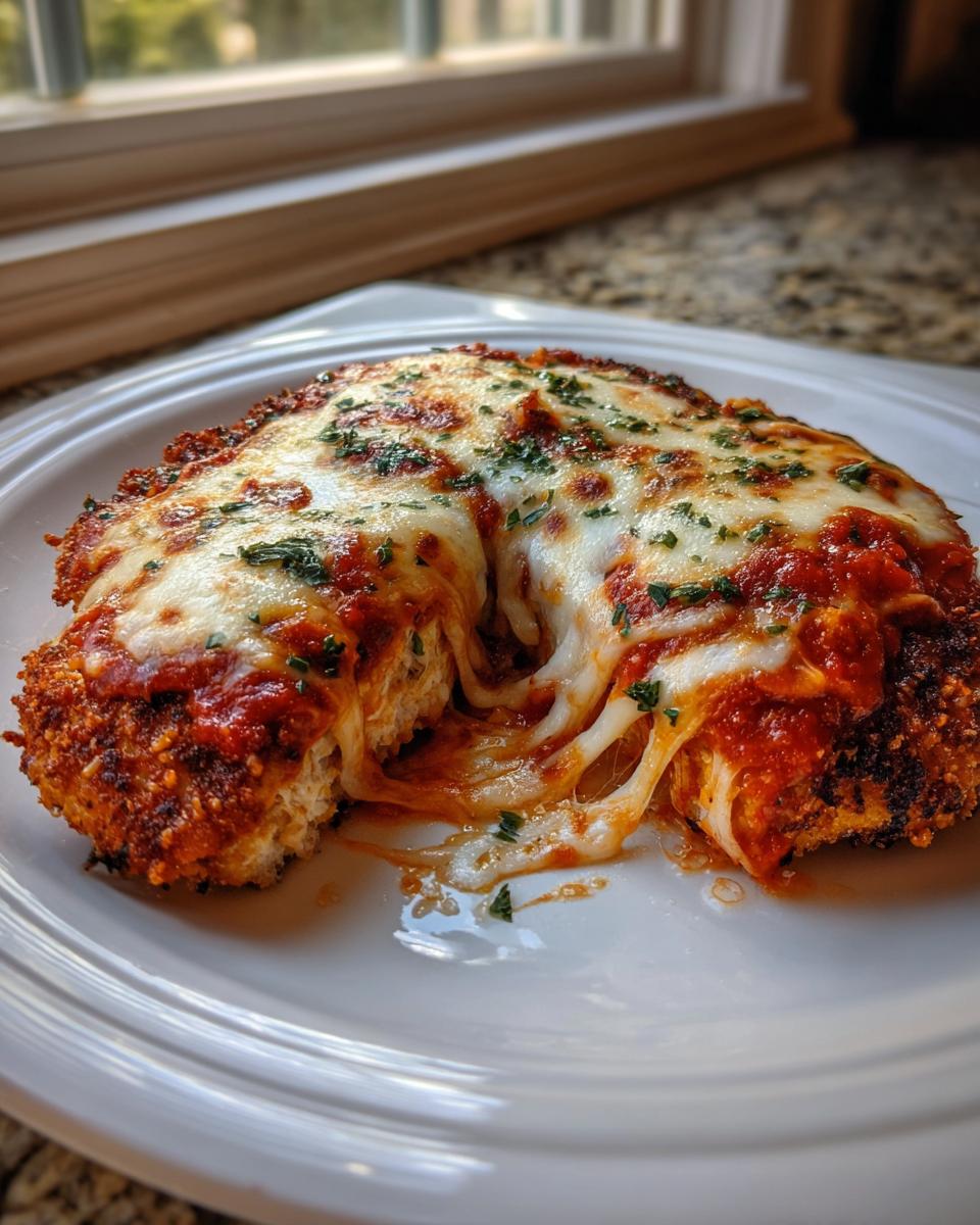 Close-up of baked chicken parmesan cut open, showing melted mozzarella cheese stretching between the halves.