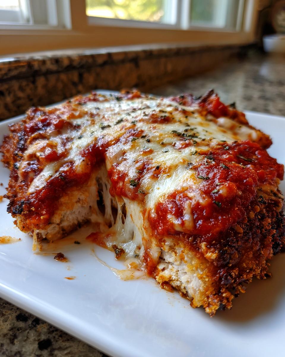 Close-up of a slice of baked chicken parmesan showing melted mozzarella cheese stretching as it's lifted.