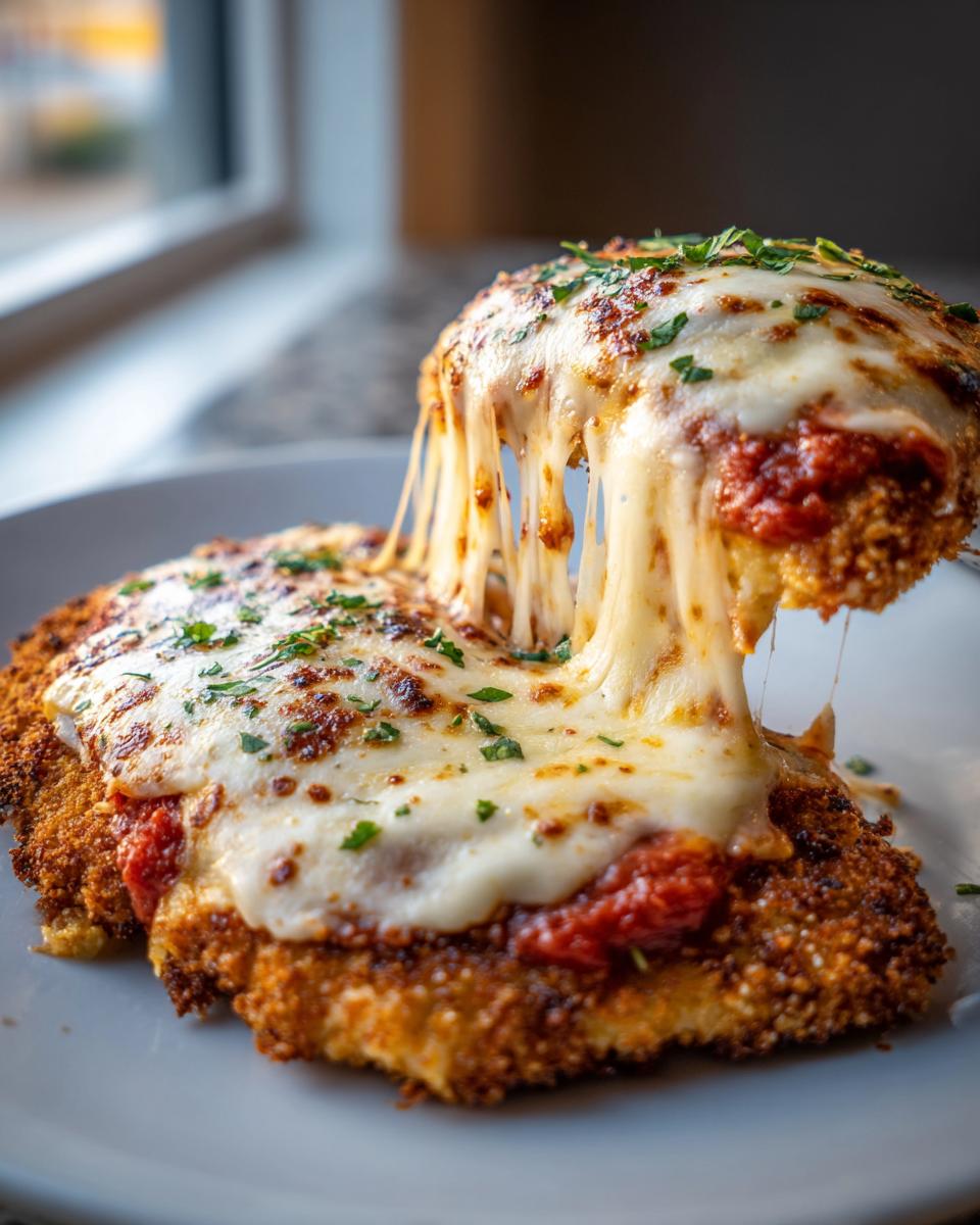 Close-up of baked chicken parmesan with a dramatic cheese pull, topped with marinara sauce and parsley.