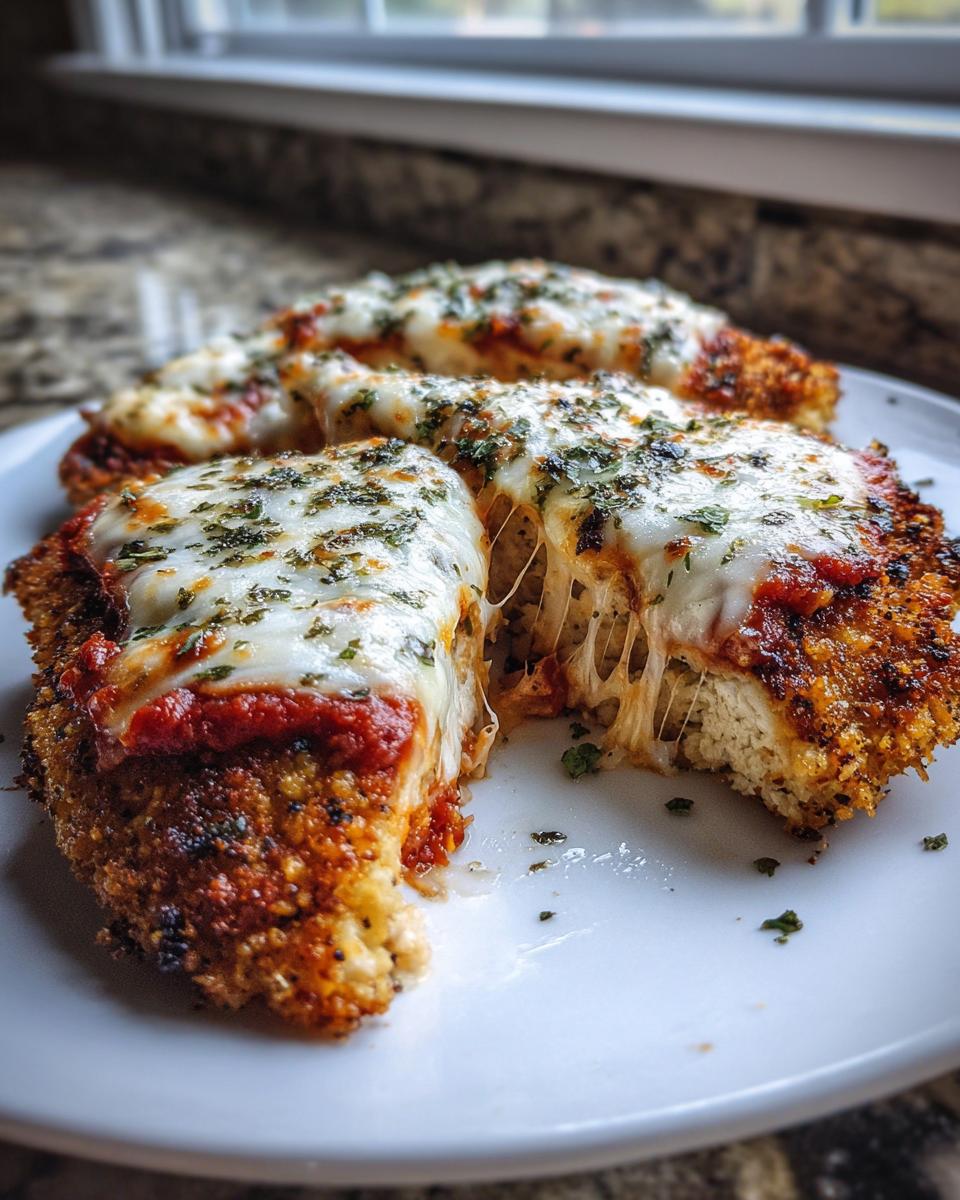 Close-up of three servings of baked chicken parmesan with melted, stringy mozzarella cheese and marinara sauce.