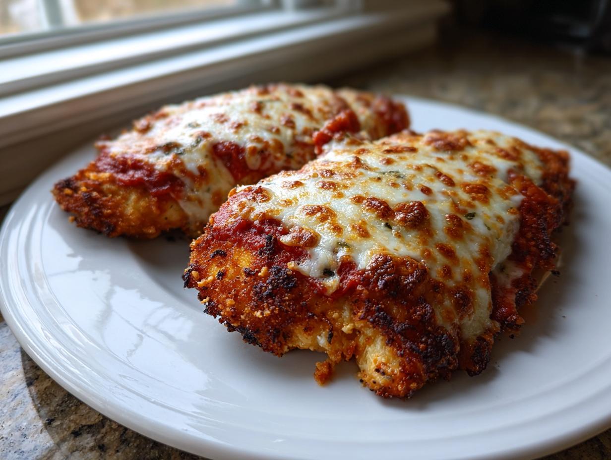 Two golden-brown pieces of baked chicken parmesan topped with melted, bubbly mozzarella cheese and marinara sauce.