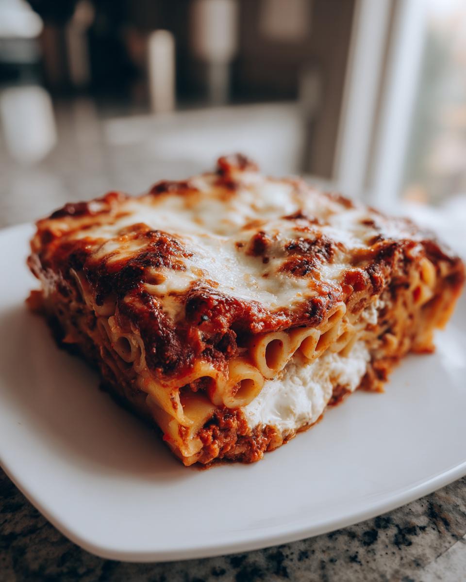 A close-up of a hearty, square slice of baked ziti layered with meat sauce and gooey, melted cheese.