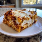 A generous square serving of baked ziti pasta layered with meat sauce and creamy ricotta, topped with melted, browned mozzarella cheese.