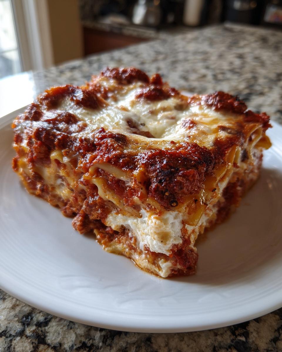 A thick, square slice of baked ziti layered with pasta, meat sauce, and melted cheese on a white plate.