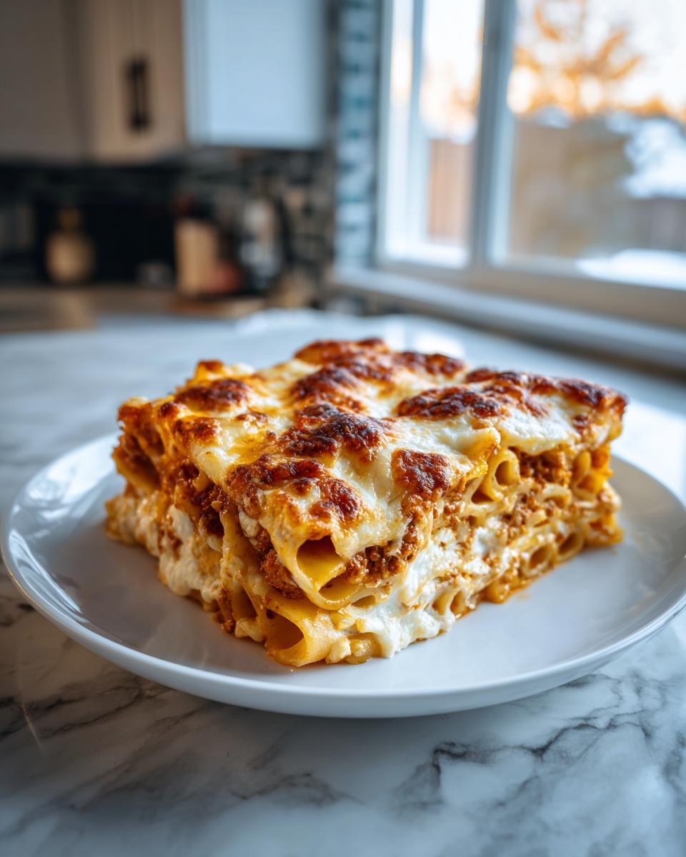A generous square slice of baked ziti layered with meat sauce and creamy ricotta, topped with browned, melted cheese.