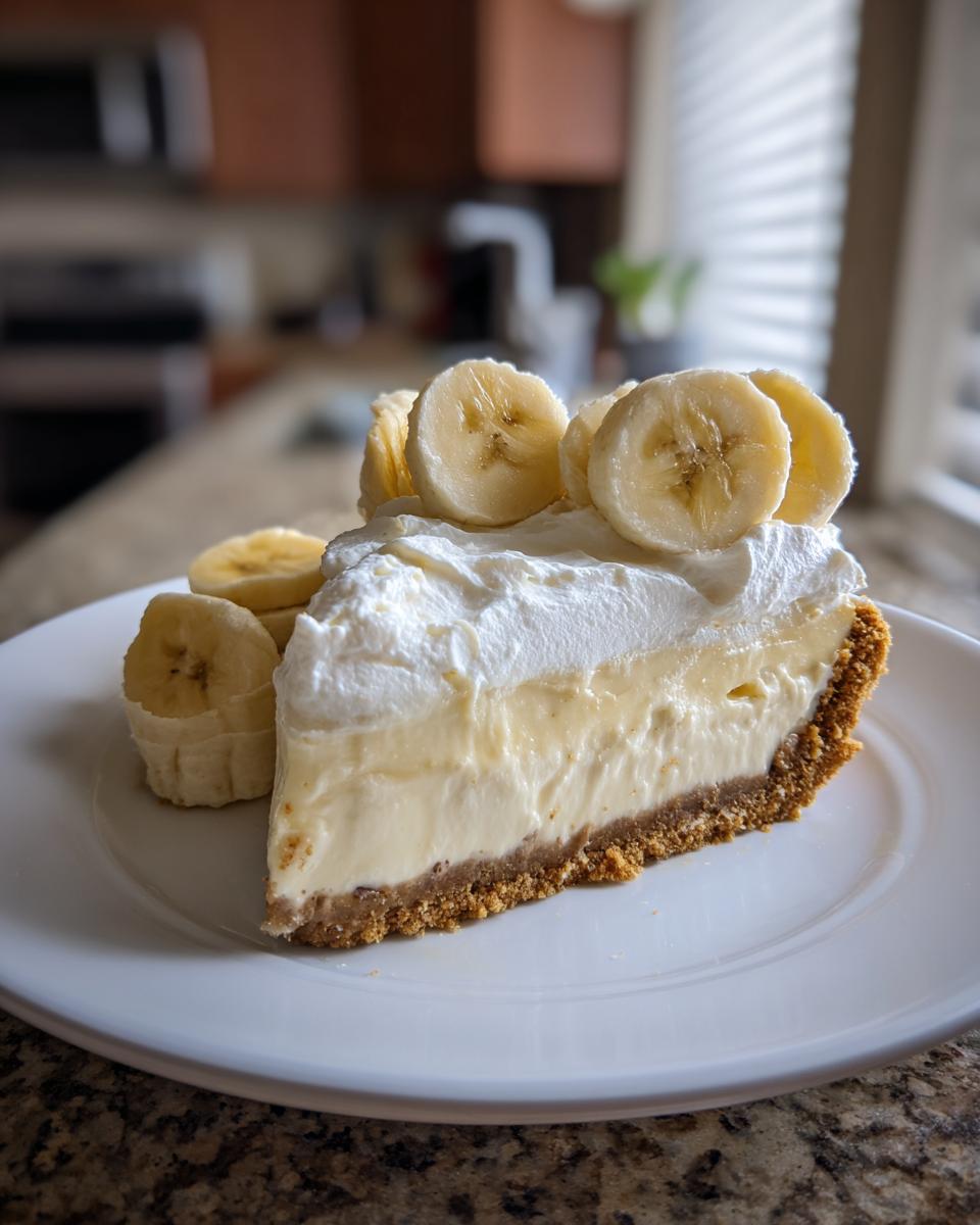 A thick slice of banana cream cheesecake with a graham cracker crust, topped with whipped cream and fresh banana slices.