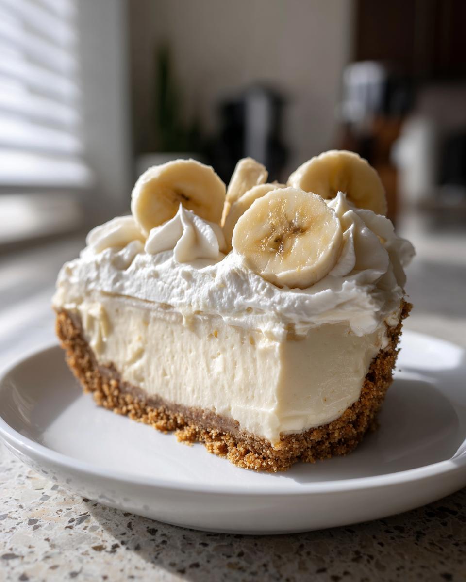 A thick slice of banana cream cheesecake with a graham cracker crust, topped with whipped cream and fresh banana slices.