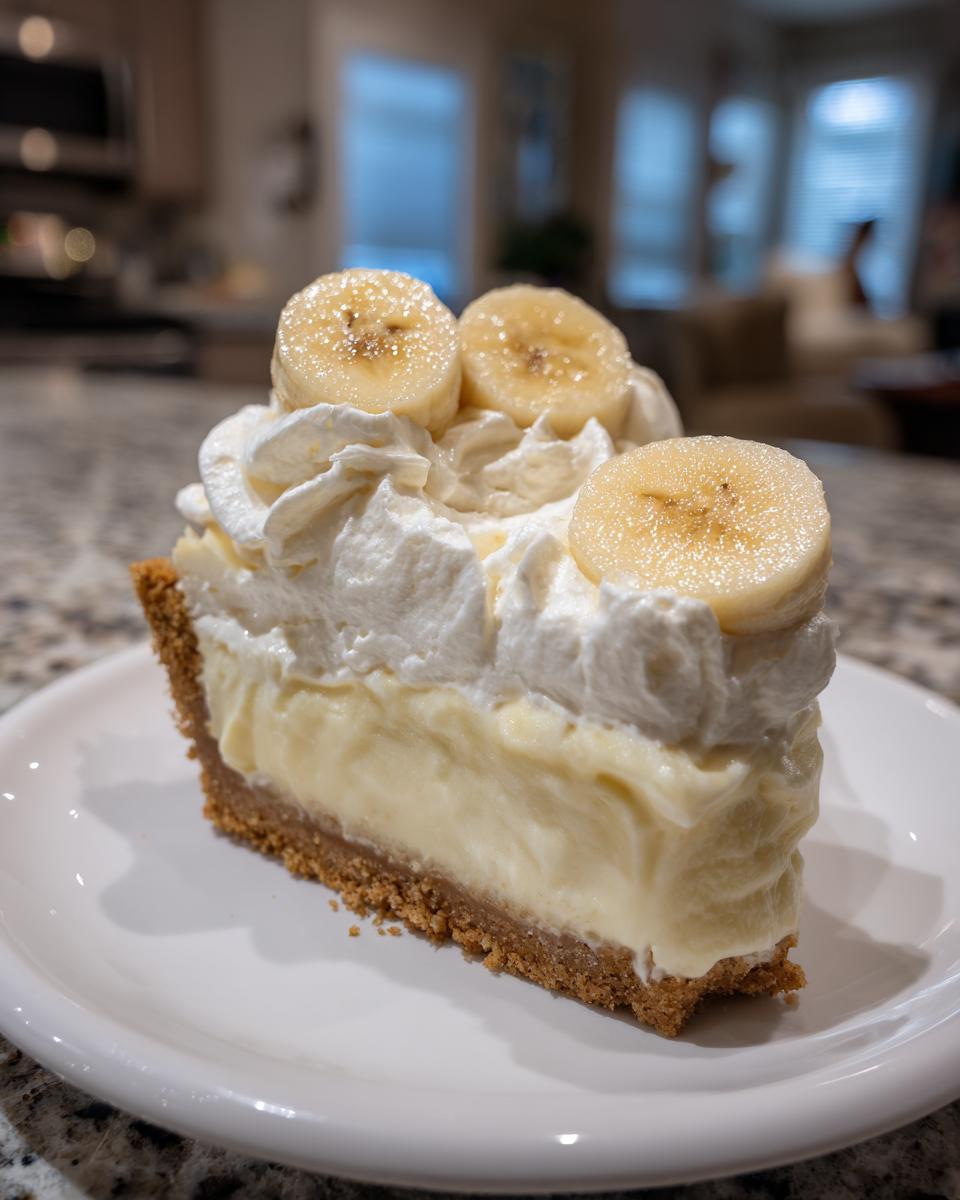 A decadent slice of banana cream cheesecake featuring a graham cracker crust, creamy filling, whipped topping, and fresh banana slices.