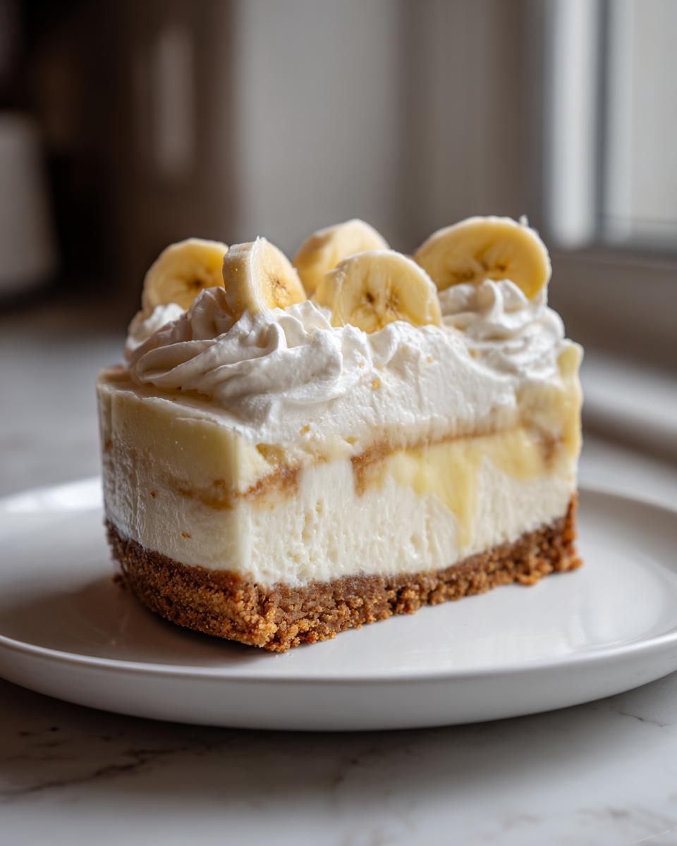 A perfect slice of banana cream cheesecake with a graham cracker crust, topped with whipped cream and fresh banana slices.