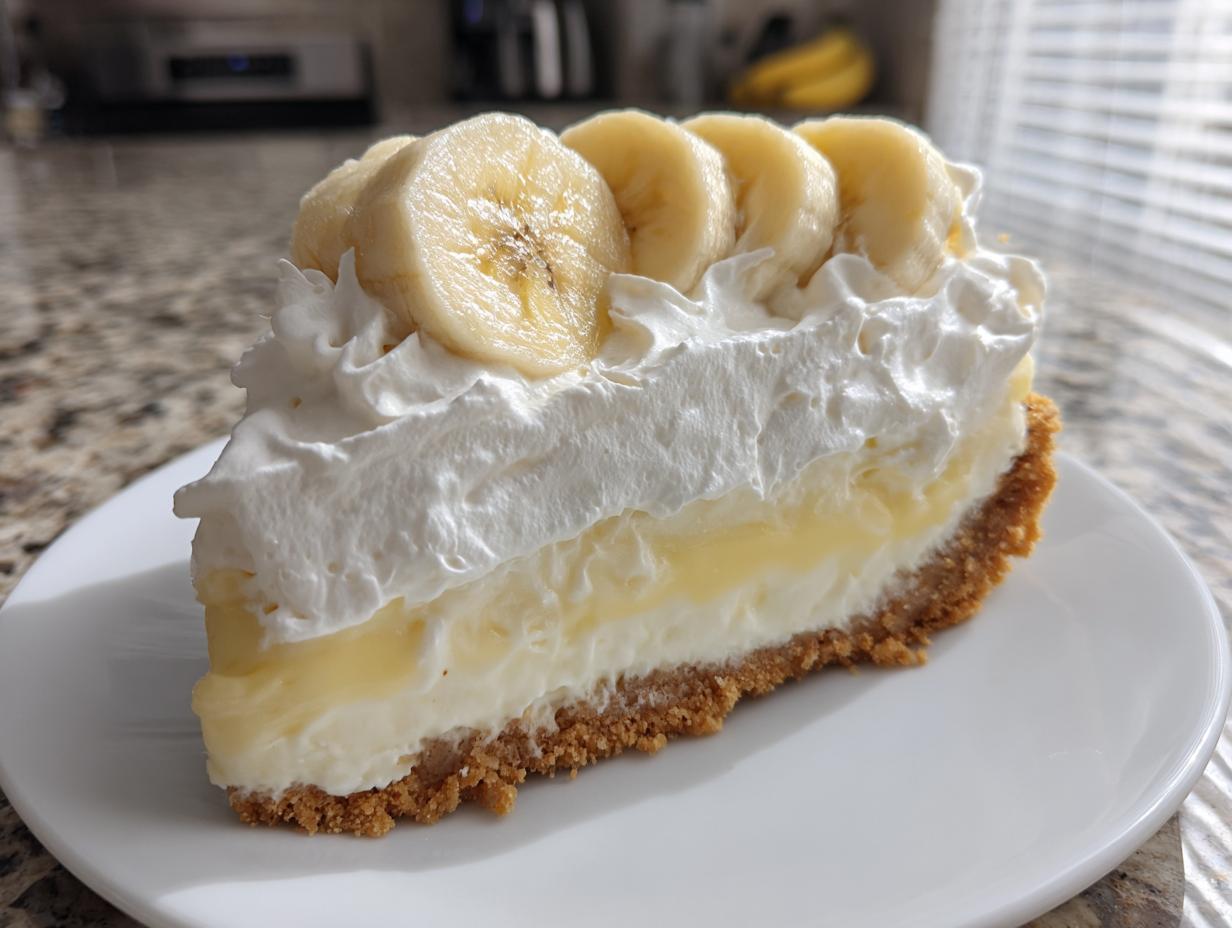 A tall slice of banana cream cheesecake featuring a graham cracker crust, creamy filling, whipped topping, and fresh banana slices.