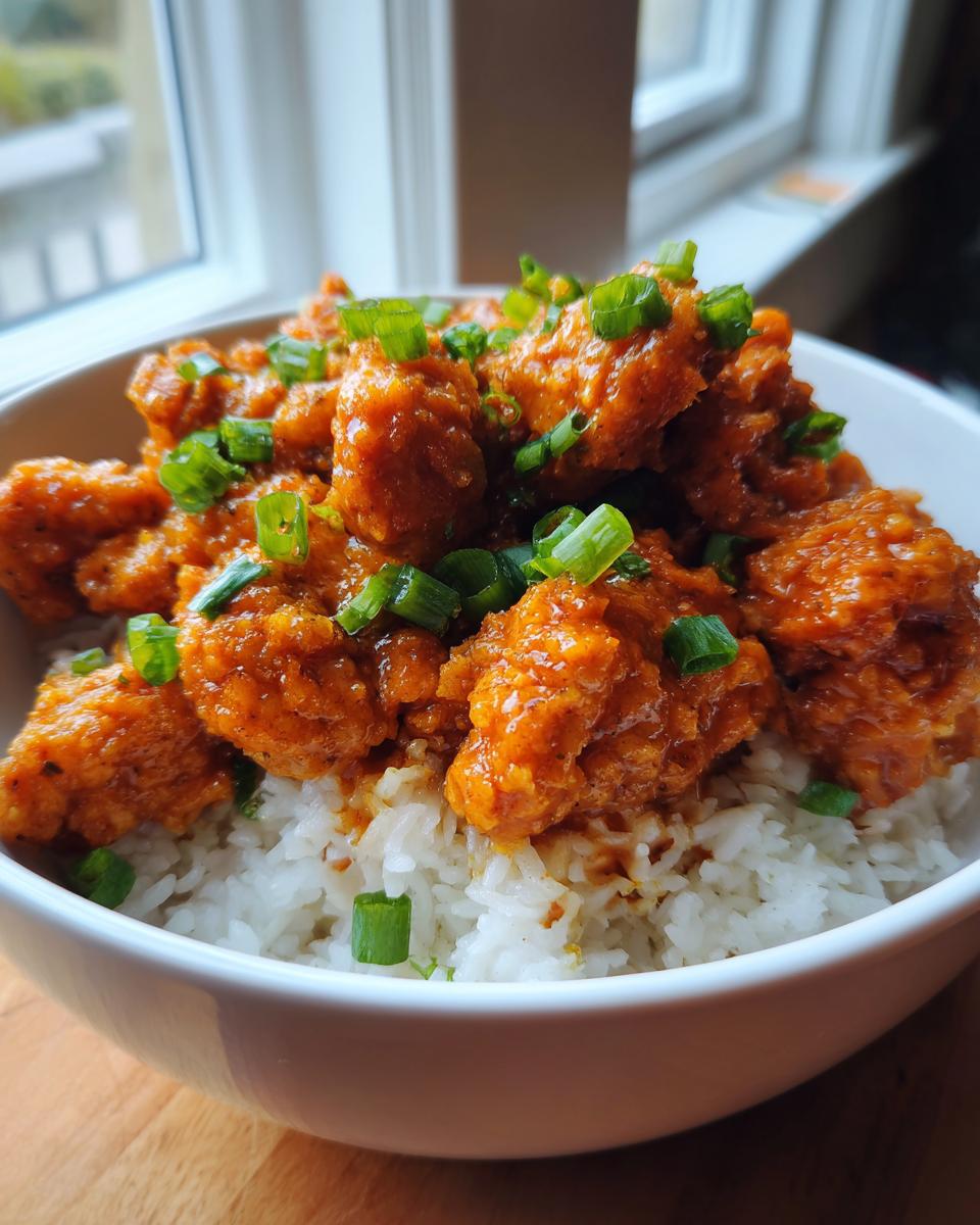 Close-up of saucy bang bang chicken pieces served over white rice and garnished with chopped green onions.