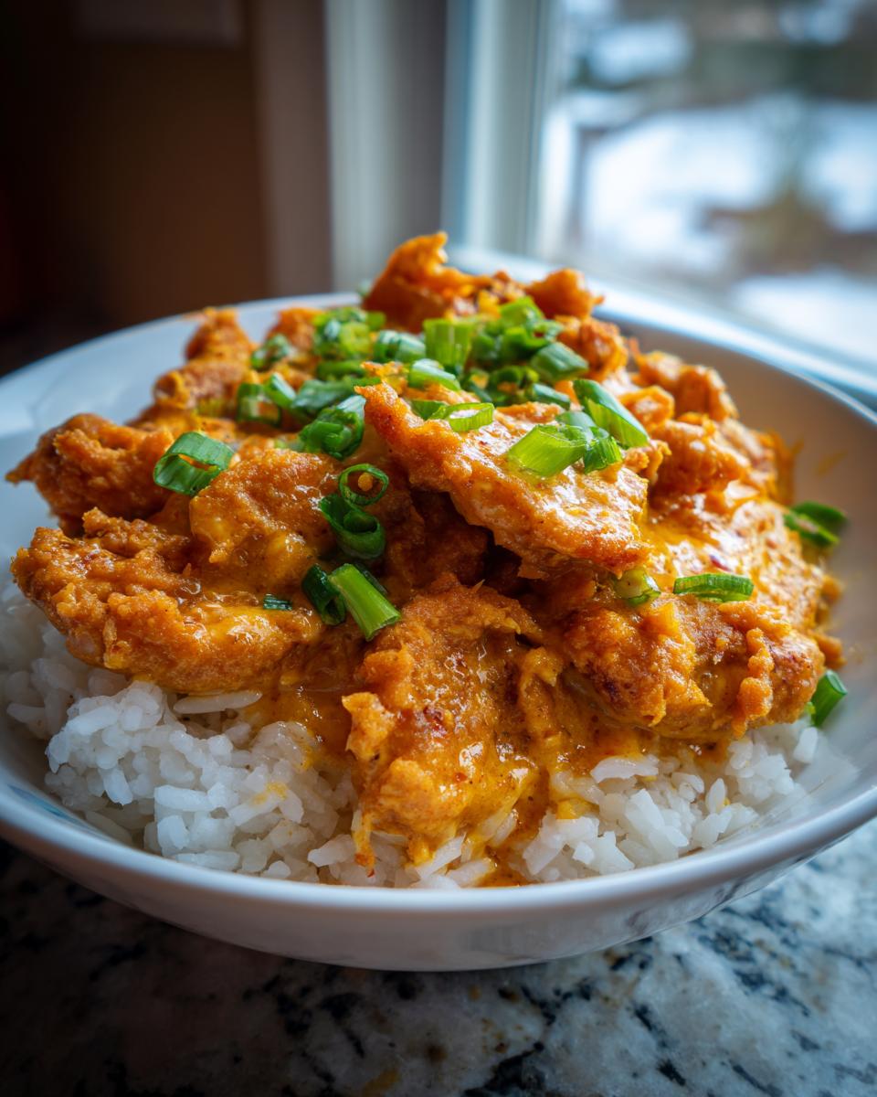 A bowl of crispy bang bang chicken coated in orange sauce served over white rice and topped with chopped green onions.