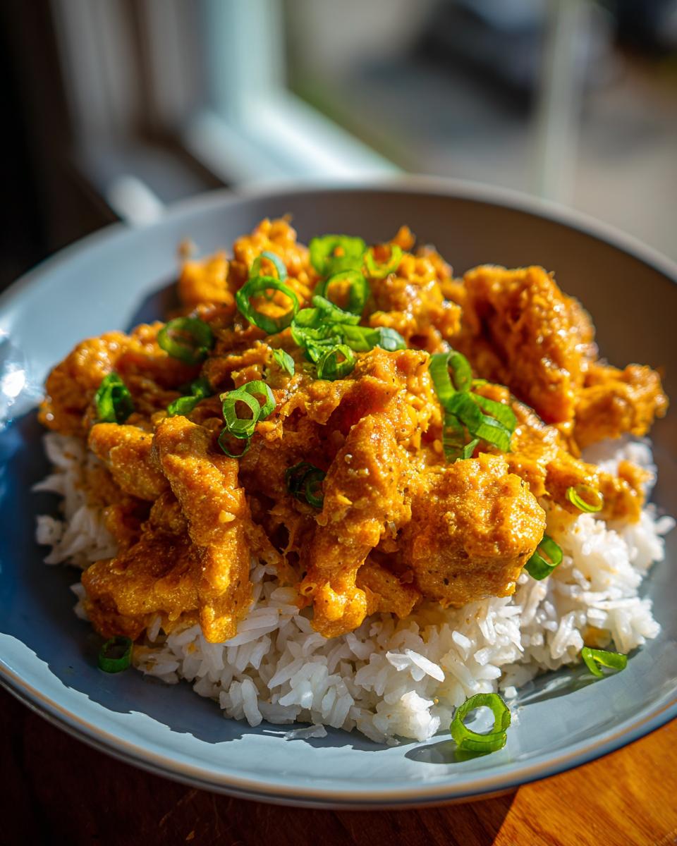 Close-up of creamy, orange-sauced bang bang chicken served over a bed of white rice and garnished with green onions.