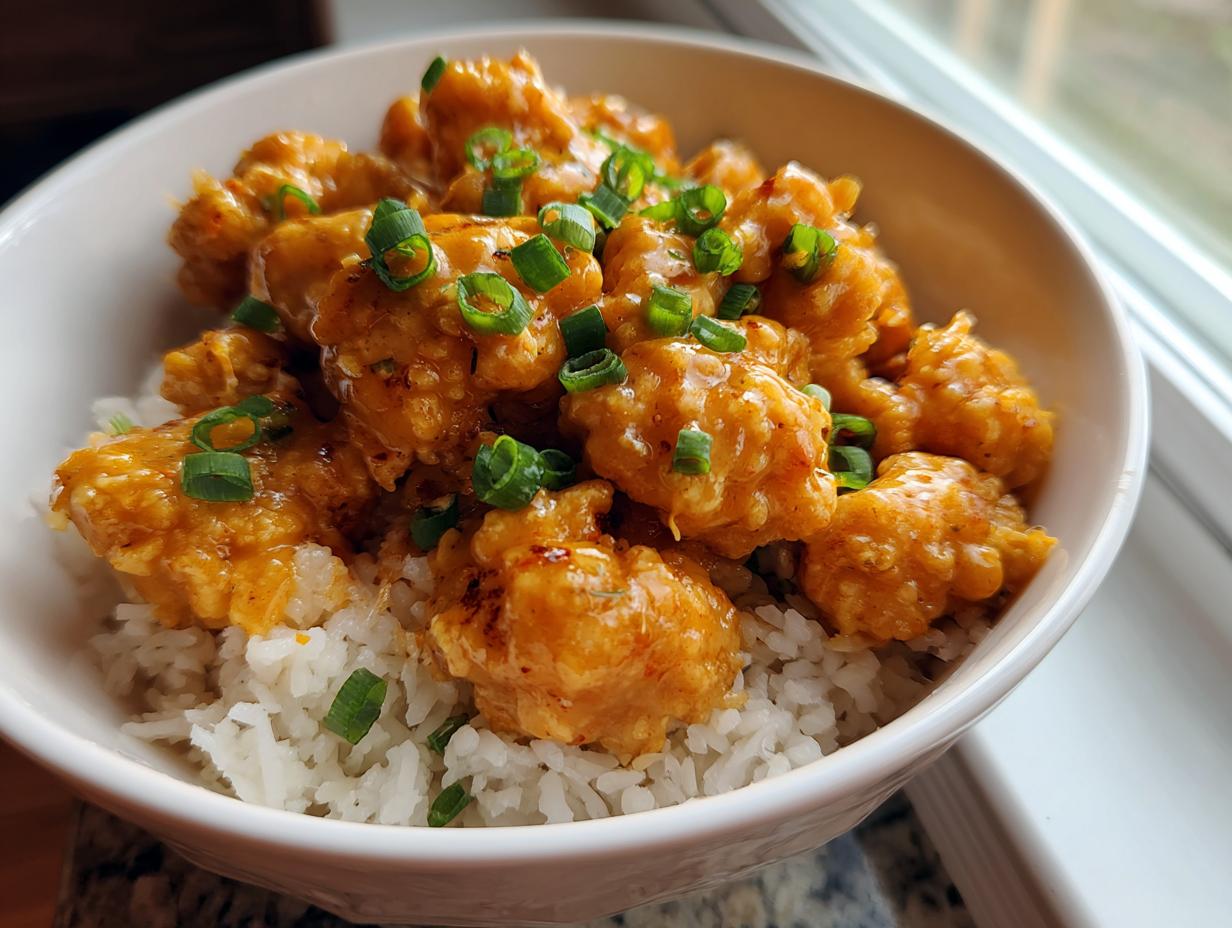 A close-up of a white bowl filled with bang bang chicken coated in orange sauce, served over white rice and topped with chopped green onions.