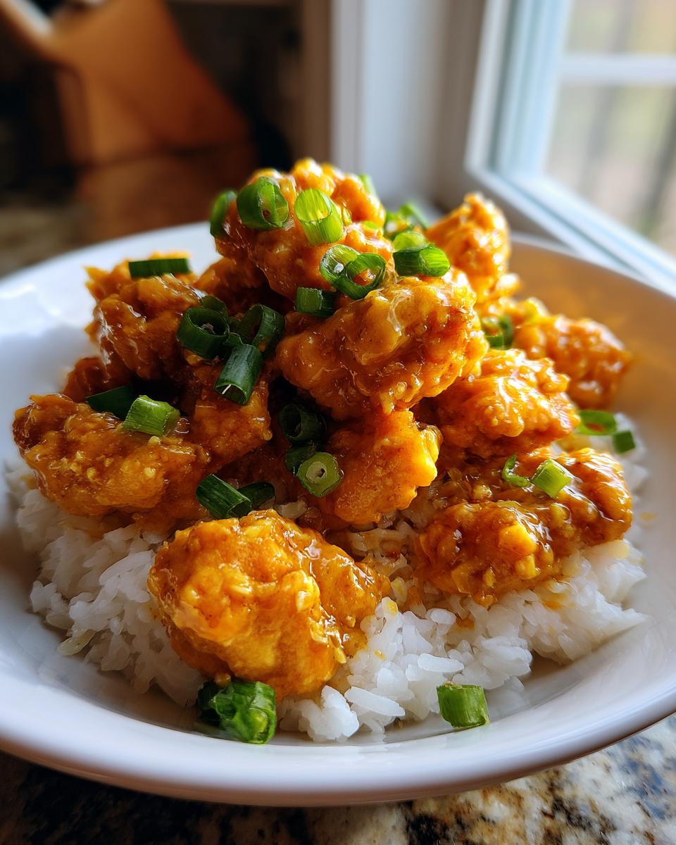 A close-up of saucy bang bang chicken pieces piled high over white rice and garnished with fresh green onions.