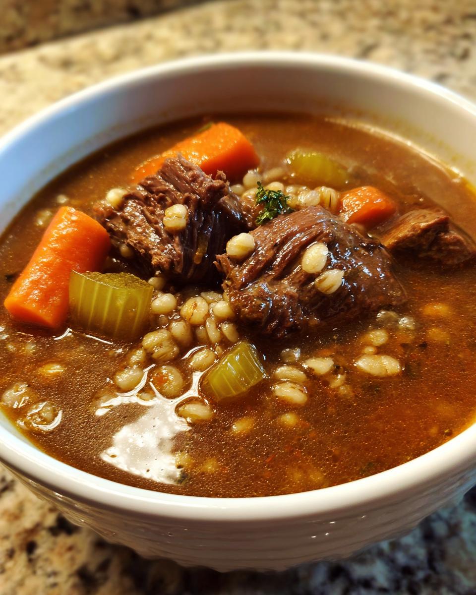 Close-up of a white bowl filled with rich beef barley soup, featuring chunks of beef, carrots, celery, and barley.