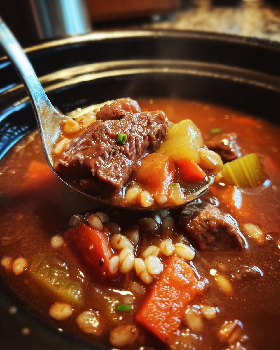 A spoonful of steaming beef barley soup showing tender beef chunks, barley grains, carrots, and celery.