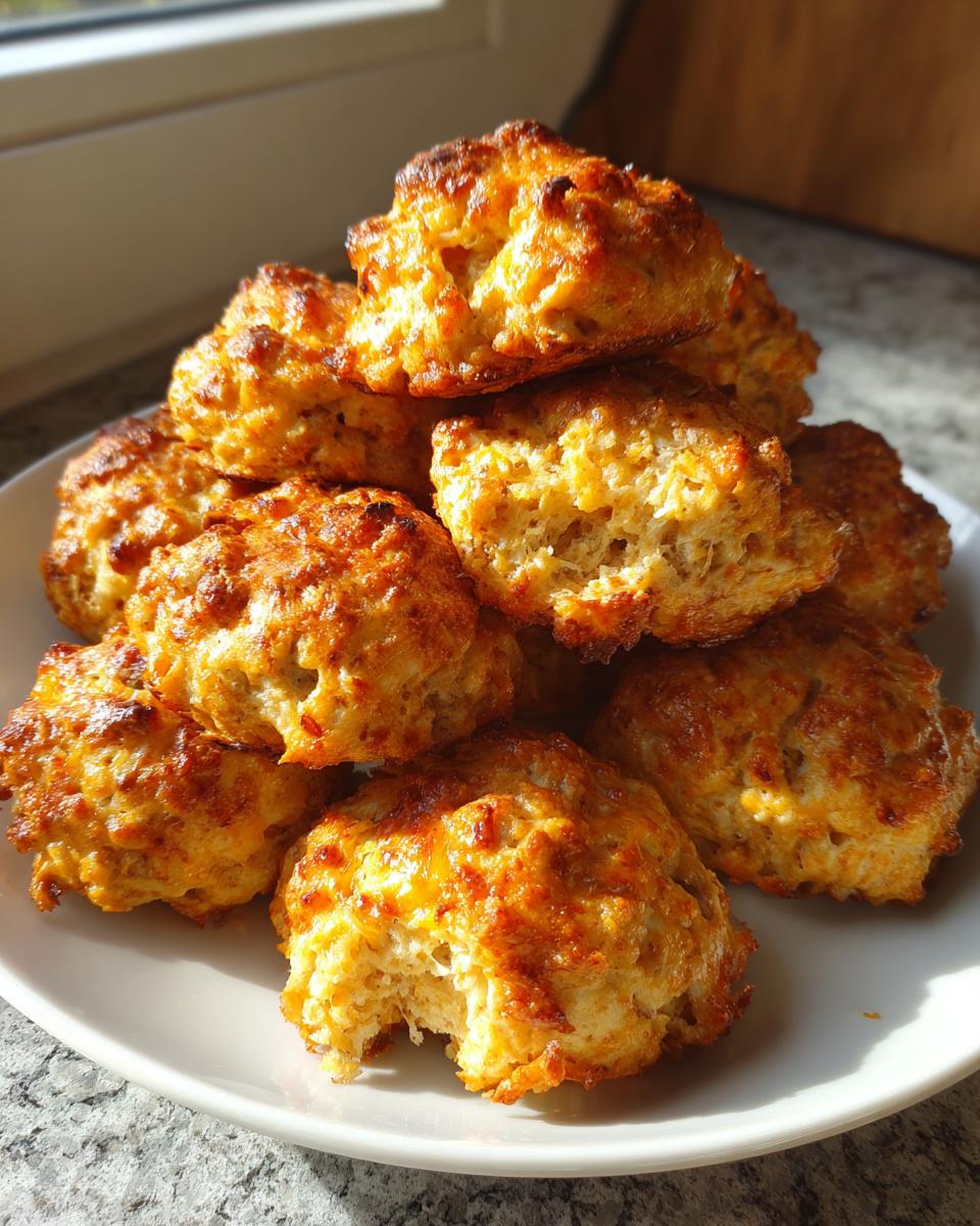A stack of golden brown, baked cream cheese sausage balls piled high on a white plate.