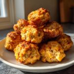 A stack of freshly baked, golden brown cream cheese sausage balls piled high on a light gray plate.
