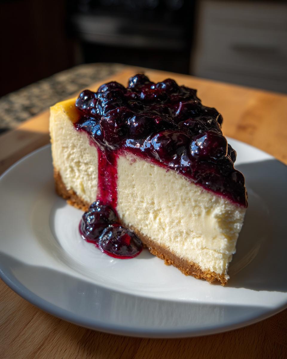 A rich, creamy slice of blueberry cheesecake topped with glossy blueberry sauce, sitting on a white plate.