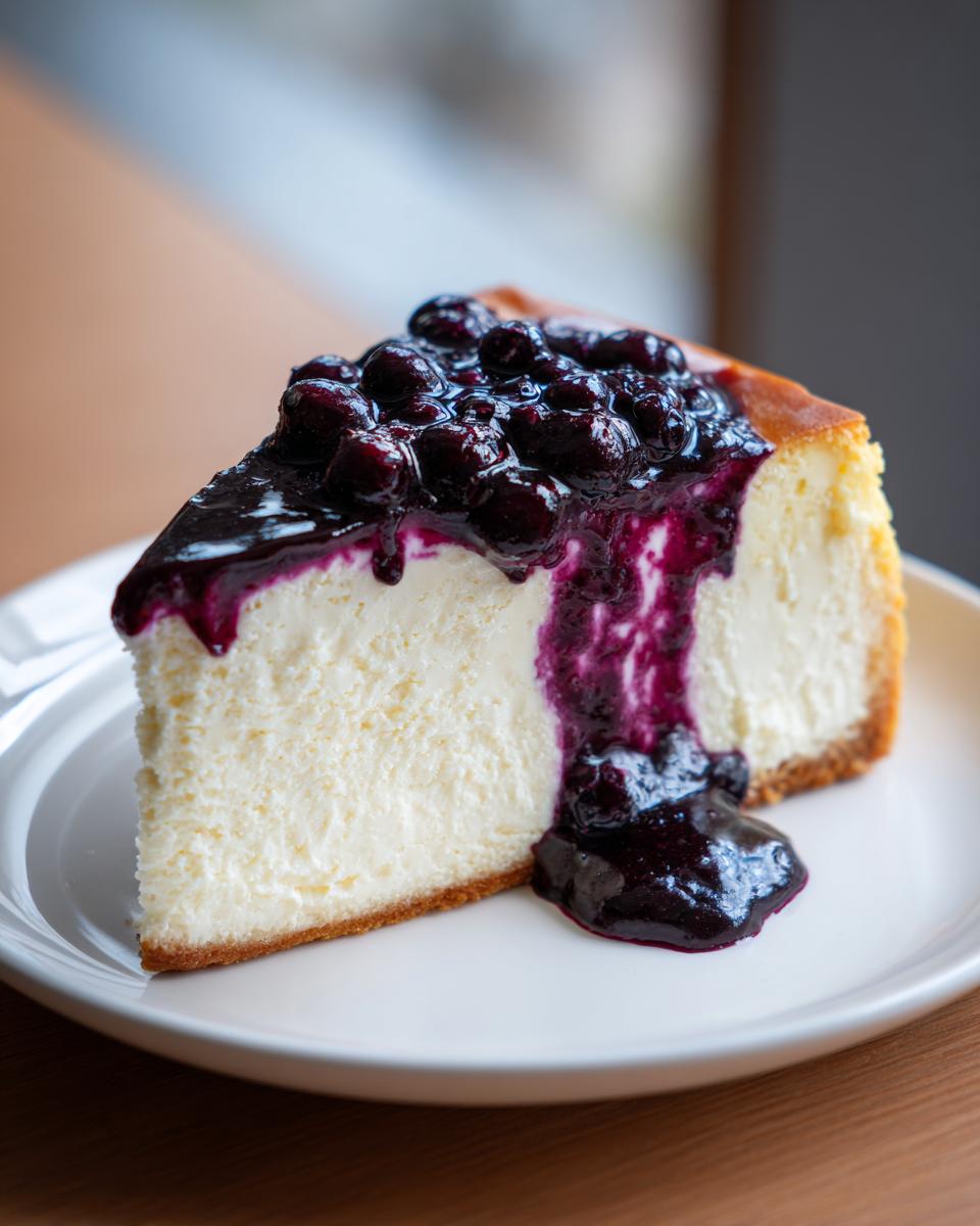 A close-up of a rich slice of blueberry cheesecake topped with thick, glossy blueberry sauce.