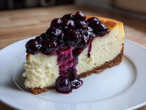 A rich, creamy slice of blueberry cheesecake topped with a generous cascade of dark blueberry compote.