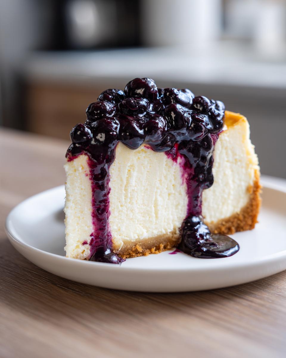 A decadent slice of creamy blueberry cheesecake topped with rich blueberry sauce.
