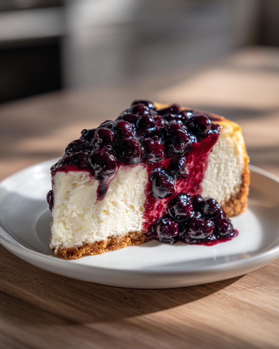 A decadent slice of creamy blueberry cheesecake with a thick graham cracker crust and rich blueberry topping.