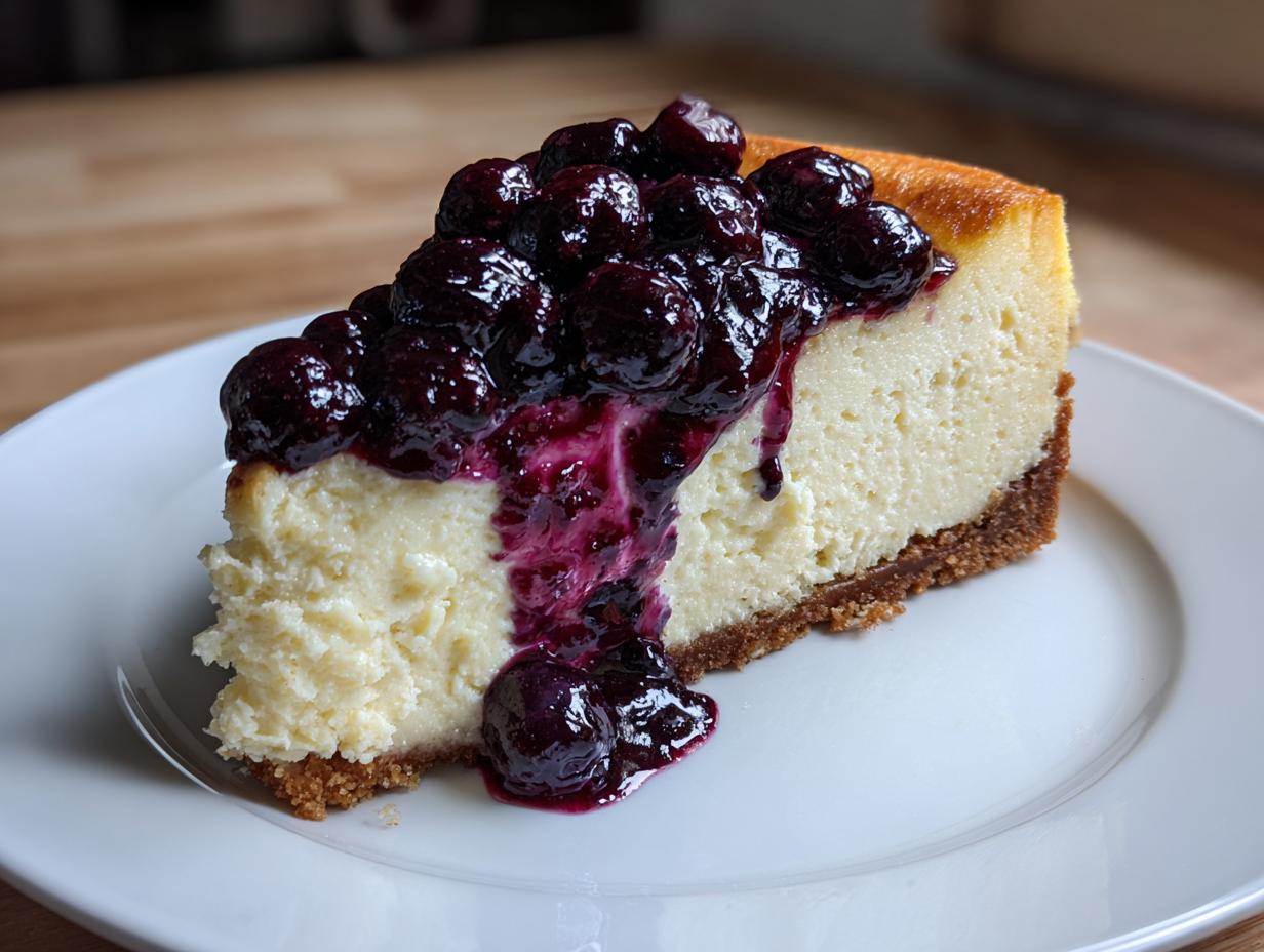 A rich, creamy slice of blueberry cheesecake topped with a generous cascade of dark blueberry compote.