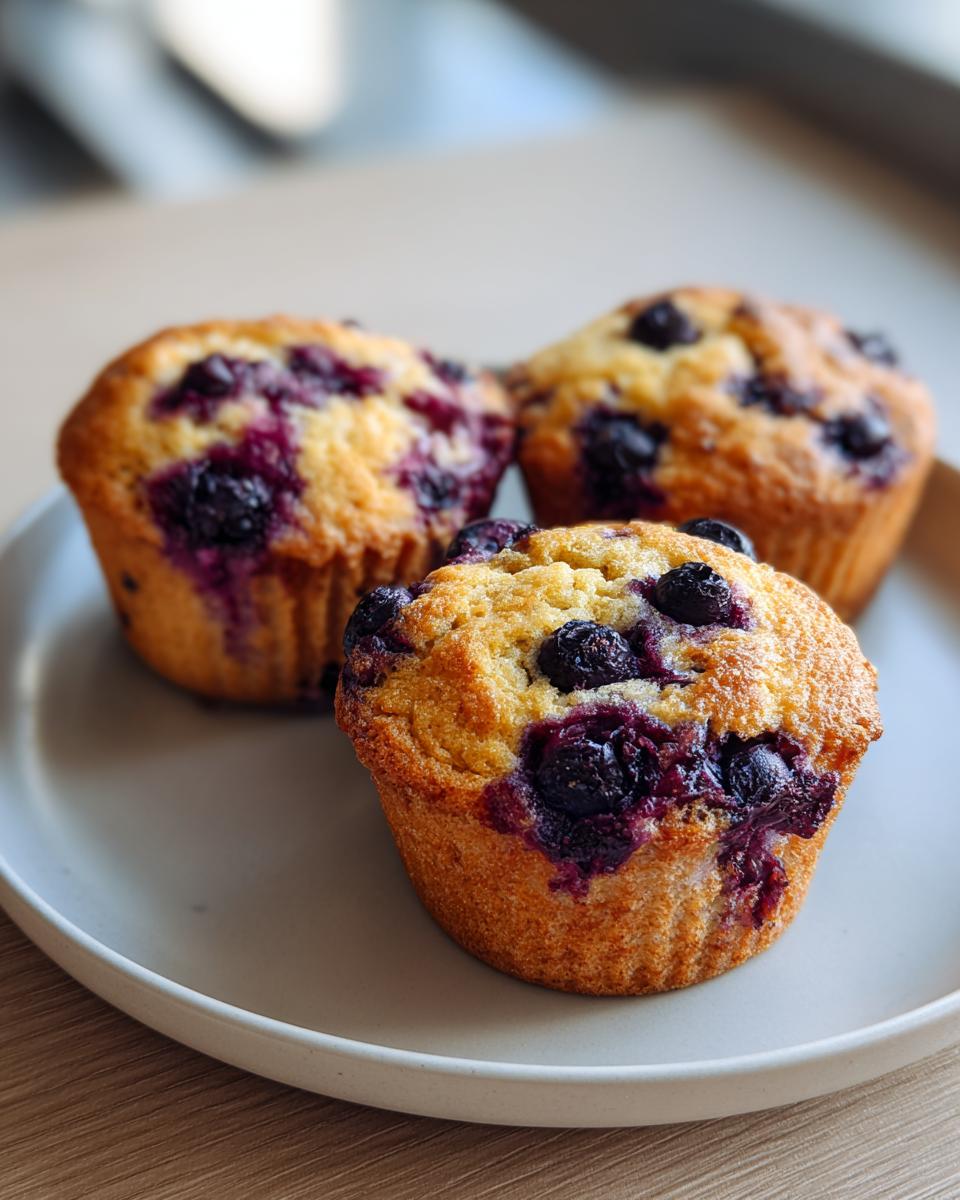 Three golden-brown blueberry cottage cheese muffins resting on a light gray plate.