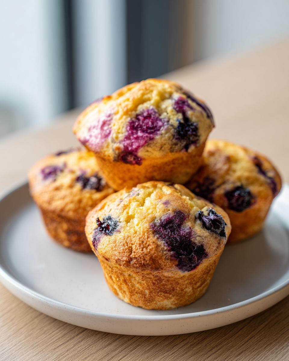 A stack of four golden brown blueberry cottage cheese muffins resting on a light gray plate.