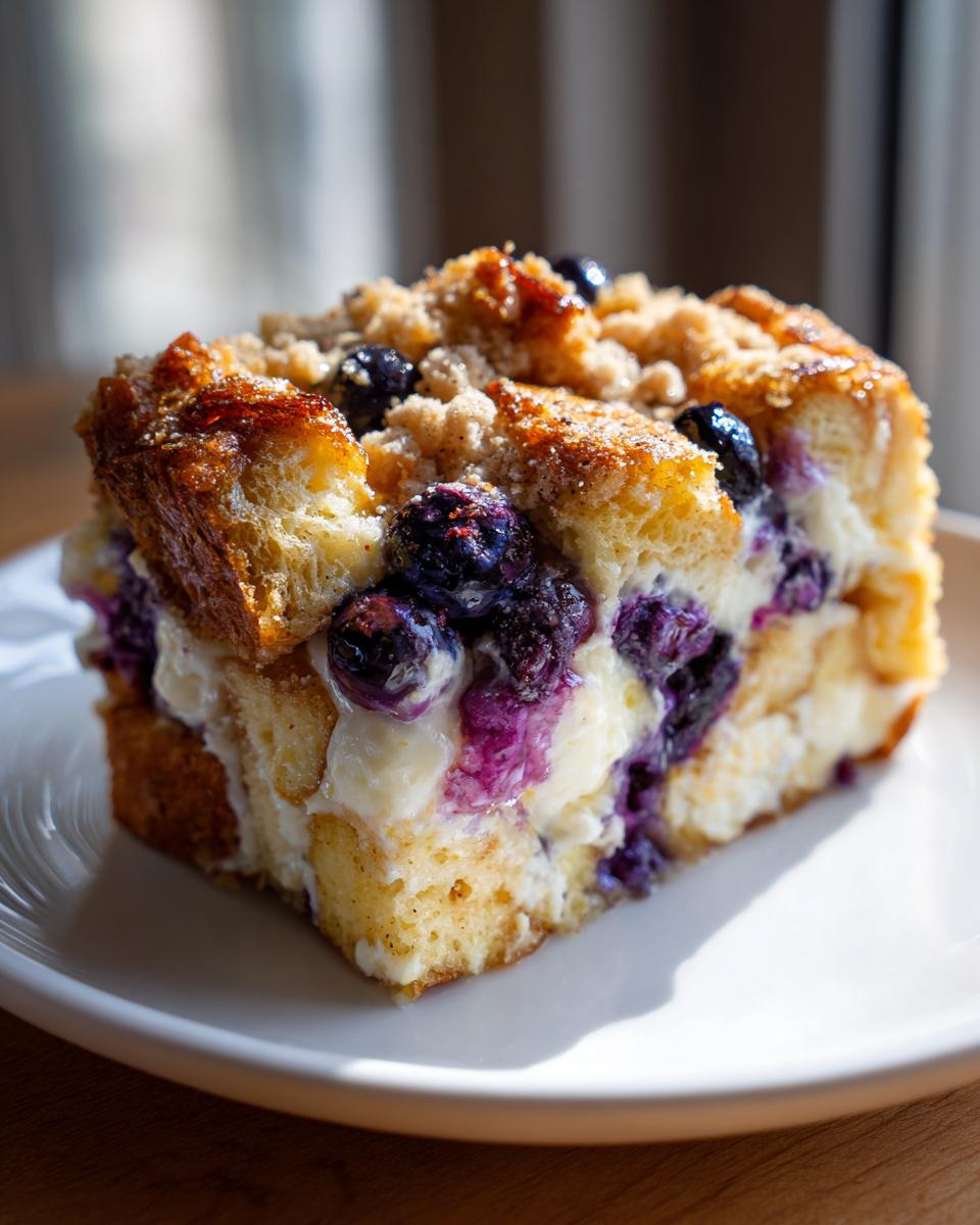 A close-up of a single serving slice of Blueberry French Toast Casserole showing layers of bread, cream cheese filling, and blueberries.